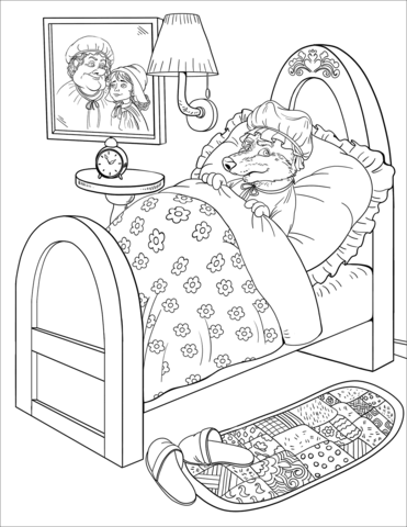 Coloring page wolf enters grandmas bed